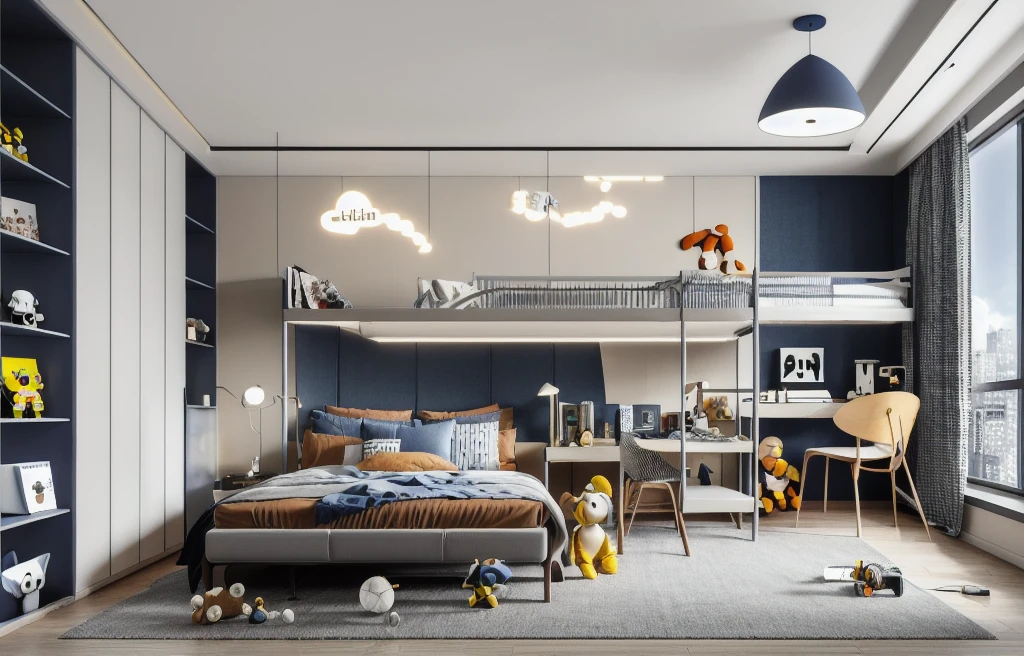 's room, son's room,lamp,chair,pillow,table,indoors,book,couch,bed,carpet,ceiling light,building,sky,cushion,rug,curtains,masterpiece,best quality,unreal engine 5 rendering,movie light,movie lens,movie special effects,detailed details,HDR,UHD,8K,CG wallpaper