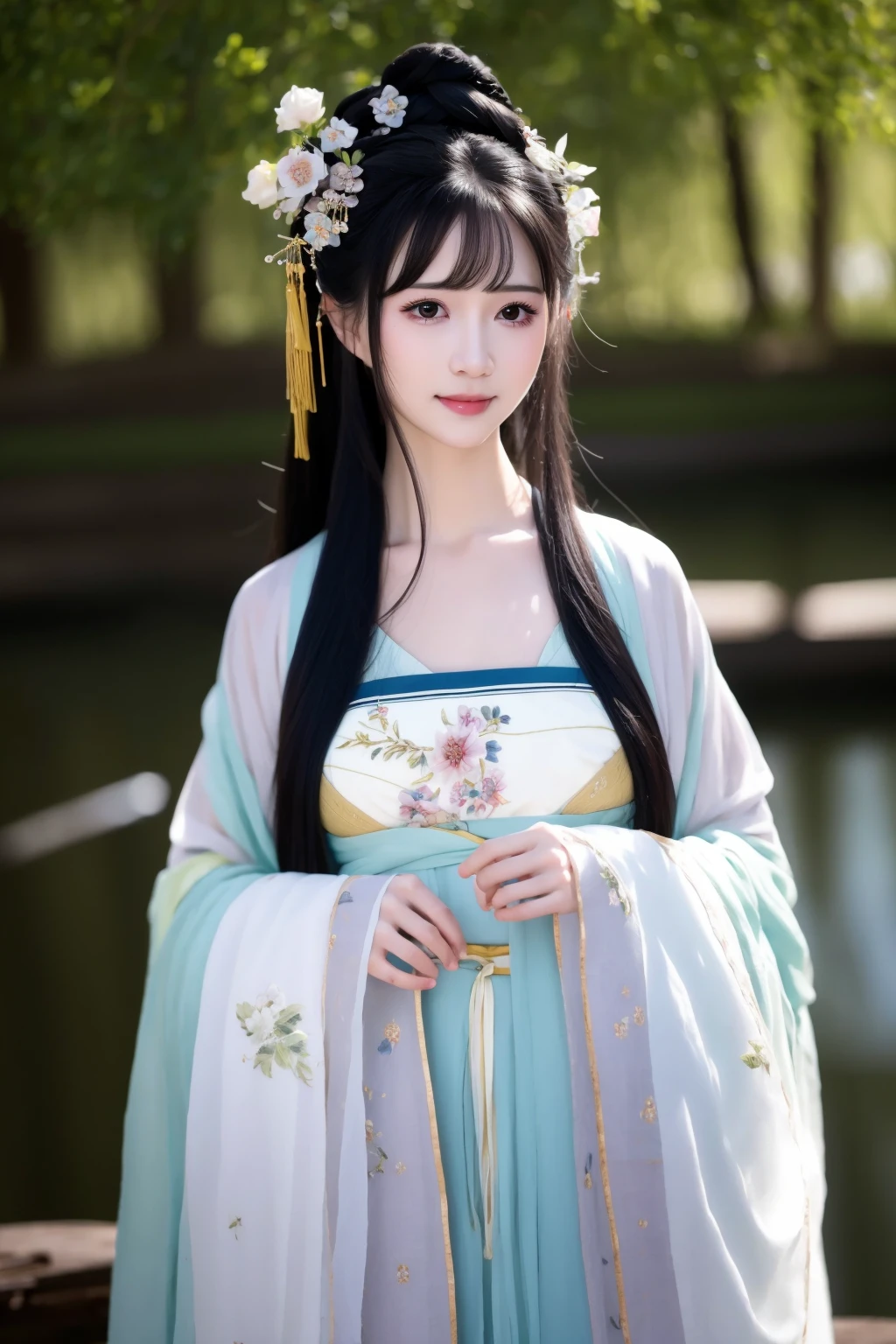 HDR,UHD,8K,best quality,realistic,masterpiece,Highly detailed,1girl,solo,realistic,breasts,looking at viewer,bangs,hair ornament,black hair,smile,black eyes,hair flower,upper body,closed mouth,lips,blunt bangs,long hair,hanfu,longfeihanfu,professional lighting, lighting,outdoors,