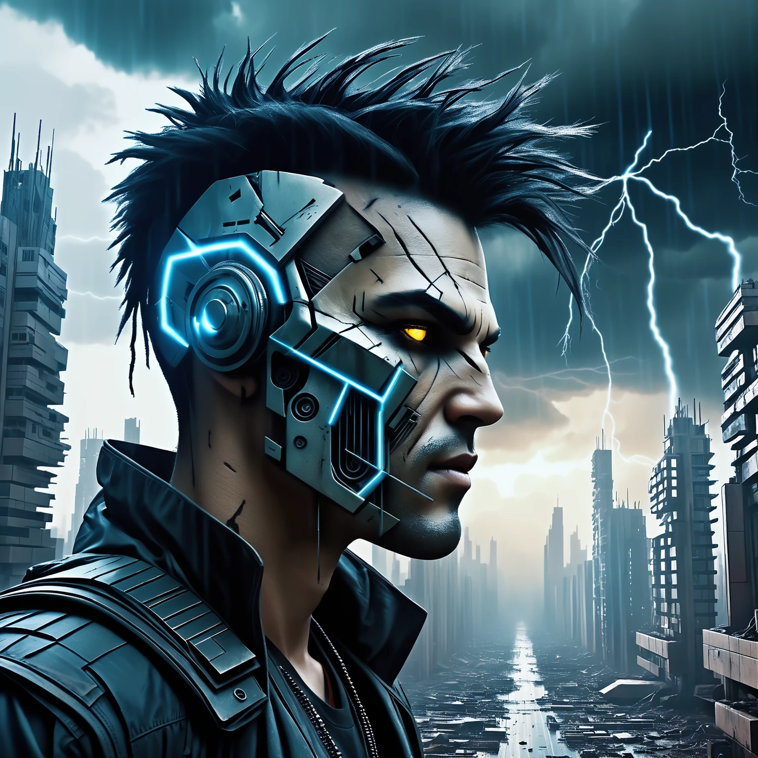 ~*~aesthethic~*~ devastation of a dystopian cyberpunk city with a face made of thunder appearing in the cloudy sky