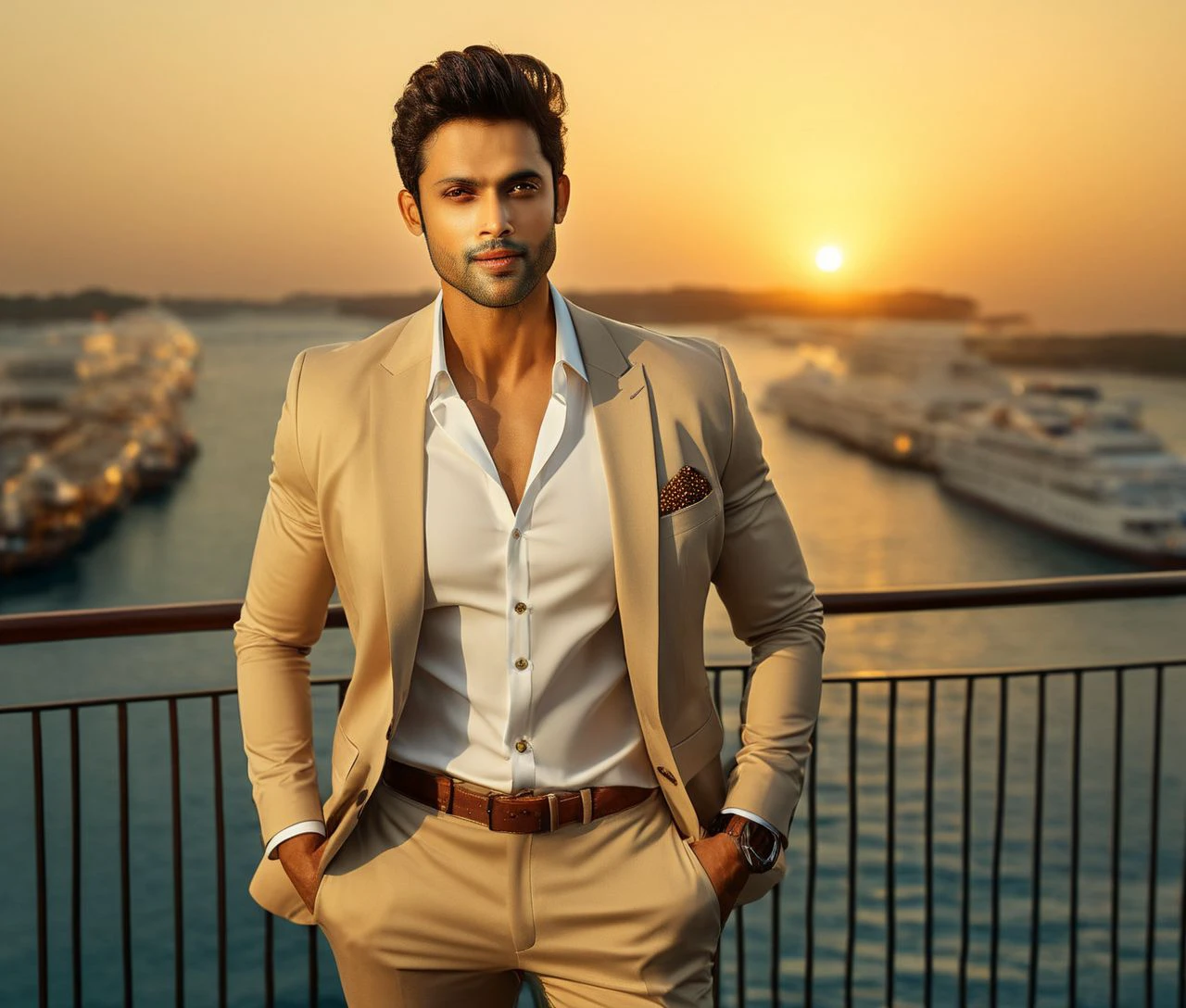 Nautical-themed (Photo:1.3) of (Ultrarealistic:1.3) <lora:Man_Men_FFashion:1> mahesh jadu a man <lora:parth-samthaan_Mahesh-Jadu:1> in a tan suit standing on a balcony, sun behind him, inspired by Pablo Munoz Gomez, shot at golden hour, editorial photograph, midshot of a hunky, by Roman Bezpalkiv, by Artur Tarnowski, maxim sukharev, by Gabor Szikszai,Highly Detailed,(Mono Color:1.3) . Sea, ocean, ships, maritime, beach, marine life, highly detailed