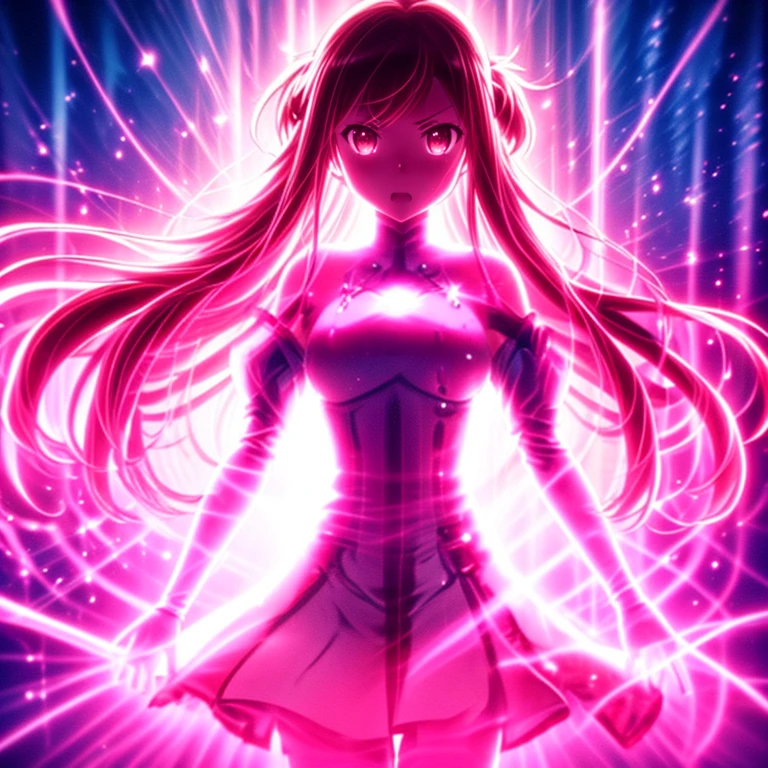 ((top quality, 8k wallpaper)),(masterpiece, best quality),extremely detailed,high definition,(official art:1.3),(((anime screencap,black outline))),<lora:more_details:0.3>,<lora:LCM_LoRA_Weights_SD15:1>,1girl,solo BREAK <lora:asuna_(sao)_v1:0.75>,aaasuna,long hair,brown hair,braid,brown eyes,bare shoulders,armor,breastplate,white sleeves,detached sleeves,red skirt,pleated skirt,white thighhighs BREAK <lora:pinkSilhouette:0.6>,(((silhouette,glowing,pink theme,light,outline,sparkle,gradient,gradient background,shiny,magic,pink theme))),