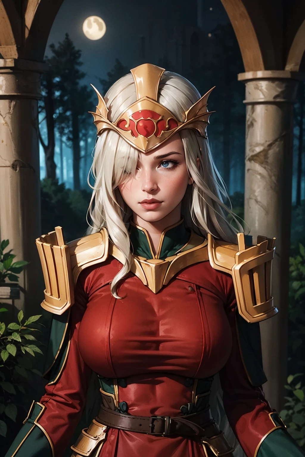 masterpiece, best quality,  <lora:pheros-nvwls-v1-000009:0.8> pheros, helmet, hair over one eye, shoulder armor, red dress, long sleeves, large breasts, from above, night, forest, medieval architecture, standing, upper body