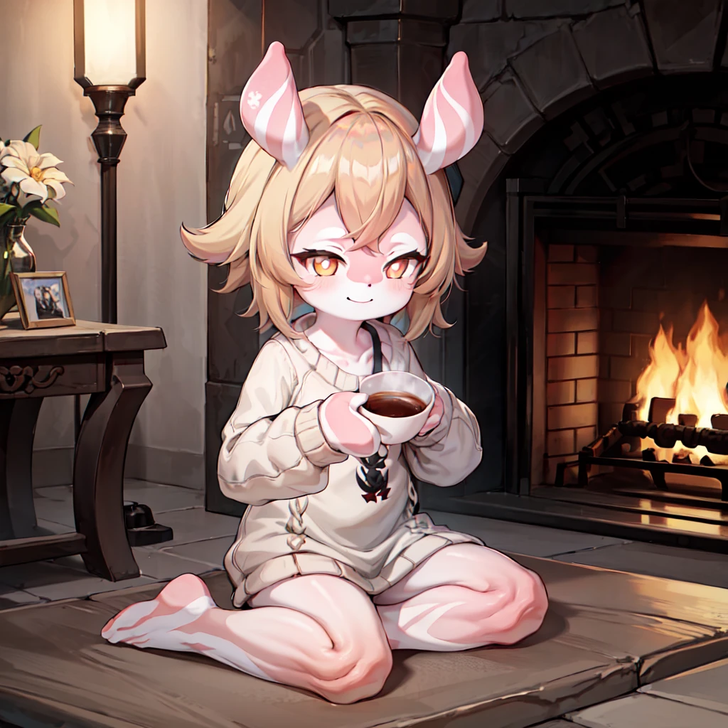 full body, 1girl, melusine, yellow skin, pink skin, straight ears, sweater, holding coffee, sitting on couch, smile, fireplace,
<lora:MelusineV3:1>