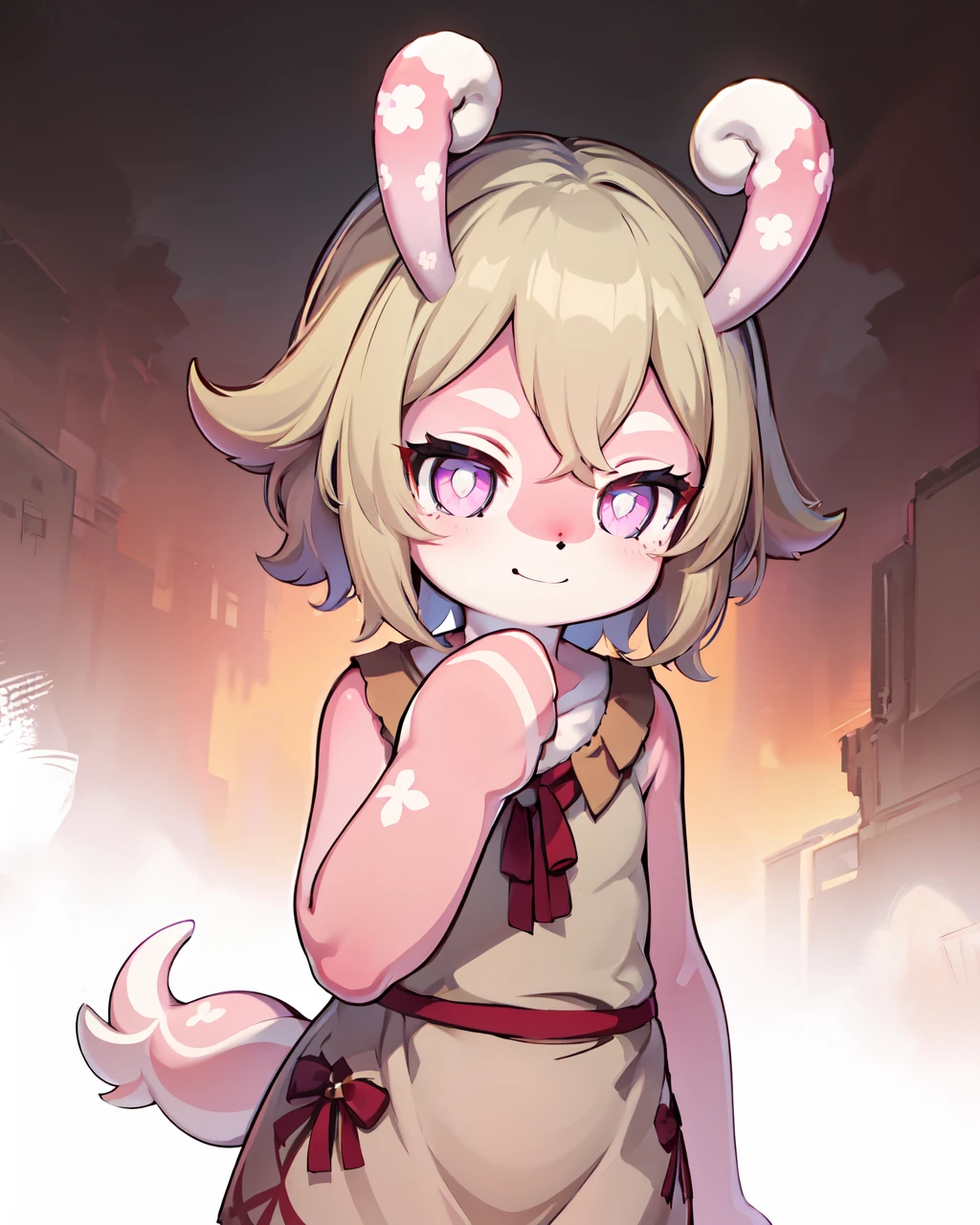 (cowboy shot, upper body), 1girl, melusine, pink skin, short blonde hair, pink eyes, curly ears, stubby tail, brown dress, looking at viewer, smile,
<lora:MelusineV3:1>