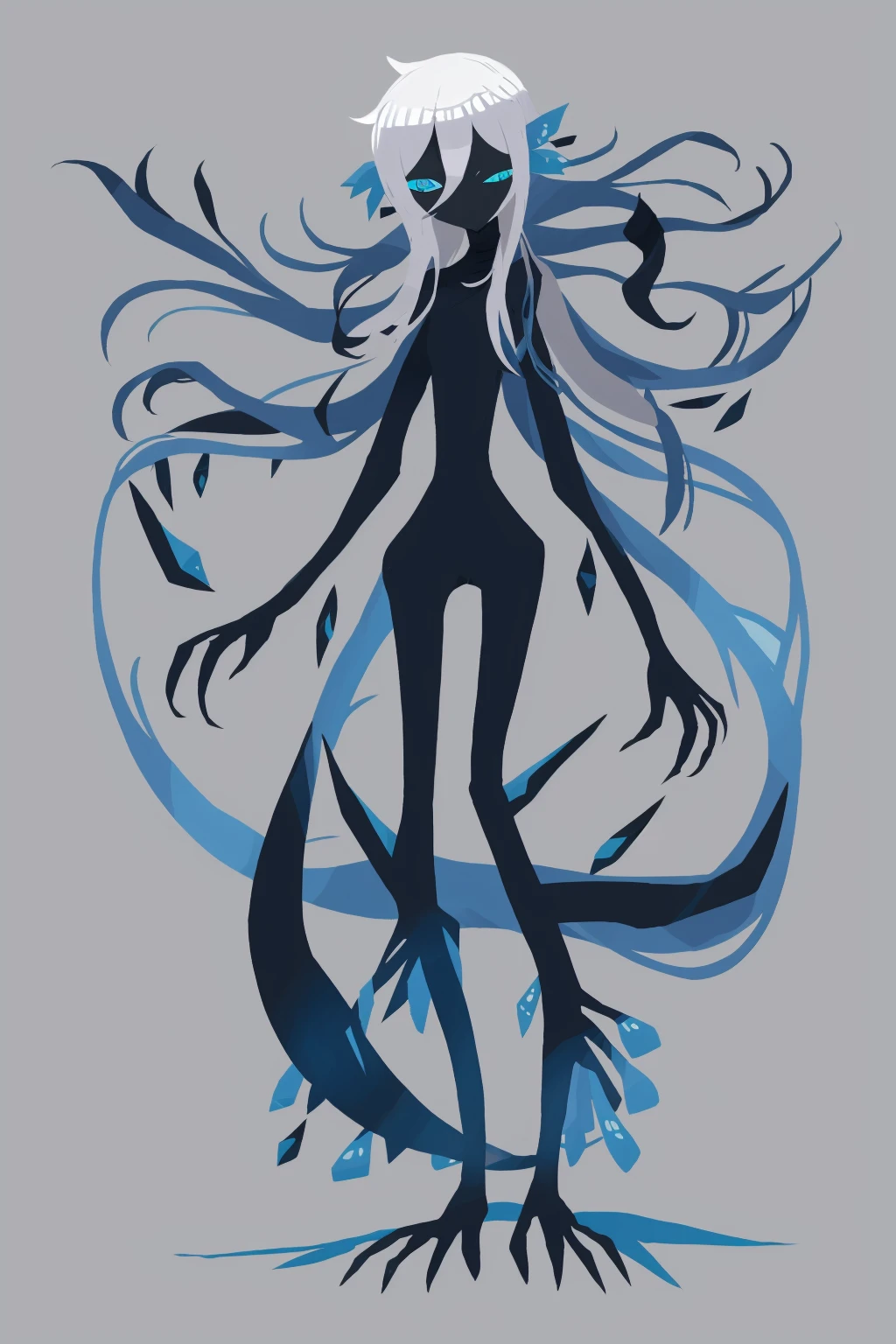 masterpiece, best quality, <lora:style23:1>,solo, grey background, simple background, pokemon (creature), full body, white hair, blue eyes, long hair, looking at viewer, standing, no mouth, claws, 1girl, black skin, no humans, colored sclera, floating hair, extra arms, very long hair, floating