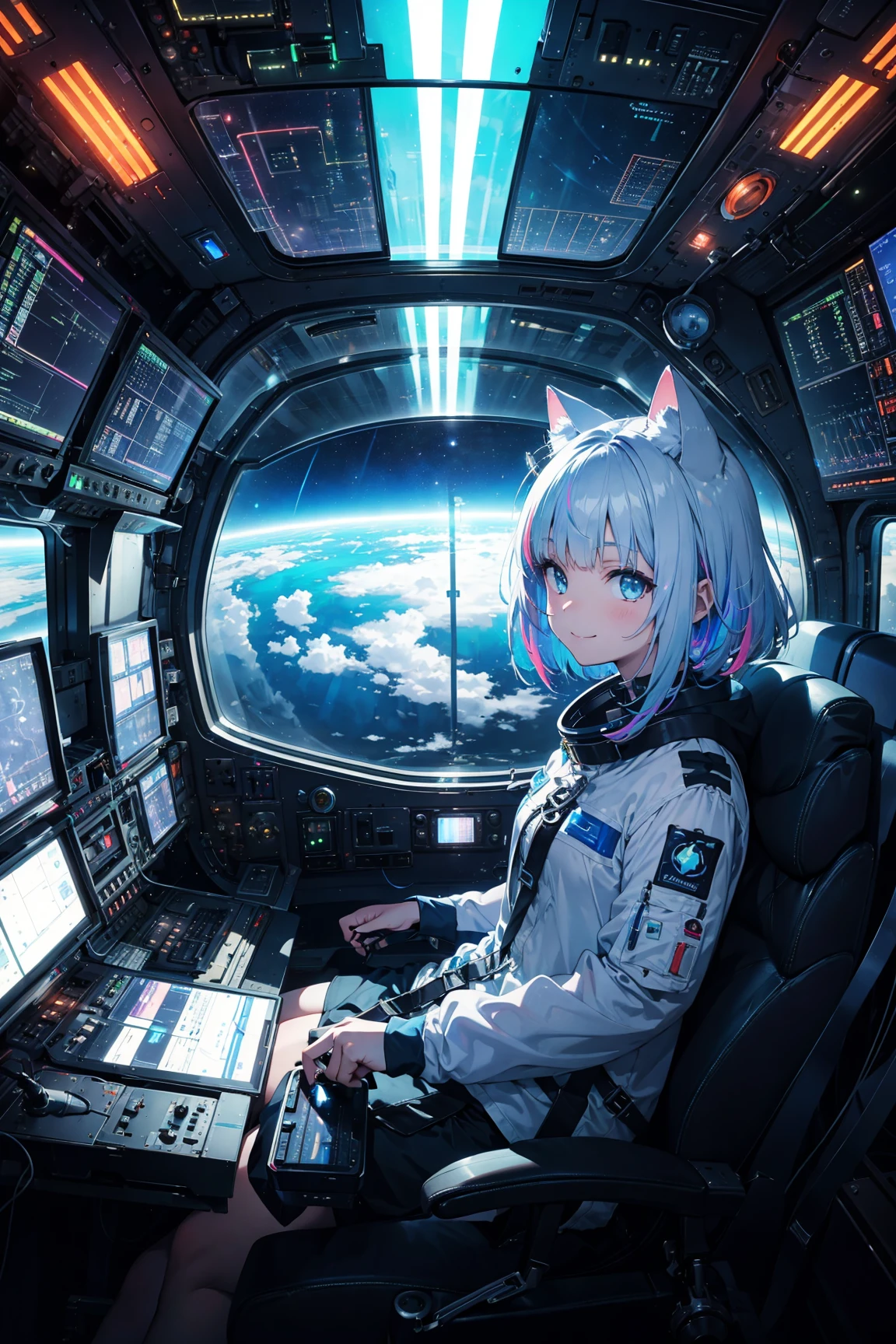 1girl, RGB multicolor luminous connected device fixed seated woman operating (familiar face), cat ears, side table, spacecraft, airspeed indicator, altimeter, horizon, heading, direction indicator, altimeter , toggle switches, aircraft control levers, multicolor function displays, seat belts, front protective glass, side protective glass, outer space. (Enlarged photo of spaceship cockpit: 1.5x) smile, A fantasy world, the magnificent and charming Celestia, and a cute world.