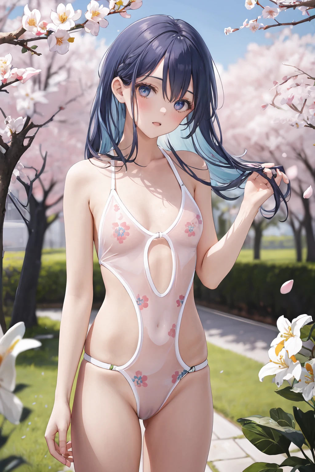 masterpiece,best quality,highres,ultra-detailed,cowboy_shot,solo,1girl,flat_chest,straight_long_hair,blue hair,standing,outdoors,garden,cherry blossom,trees,see_through_swimsuit,<lora:see_through_swimsuit:1>,