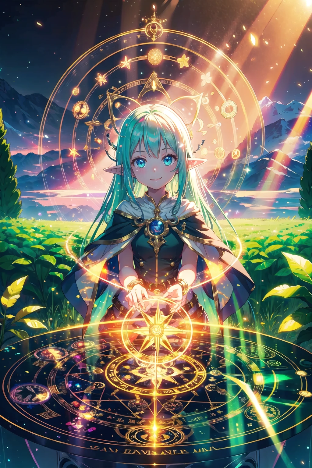 (masterpiece), 1girl, smile, elf, fantasy, nature, magic circle, light particles, light rays