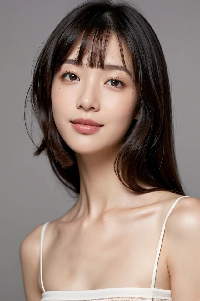 1girl,solo,(((smile))),happy:1,long straight hair,straight bangs,look at viewers,brown eyes,looking at viewer,in studio,(pure grey background),detailed skin,detailed face,studio light,parted lips,lips,bare shoulders,(black hair),(close up),messy hair,__ muggle dreamy light and shadow__,Balayage hair,high-waist skirt,