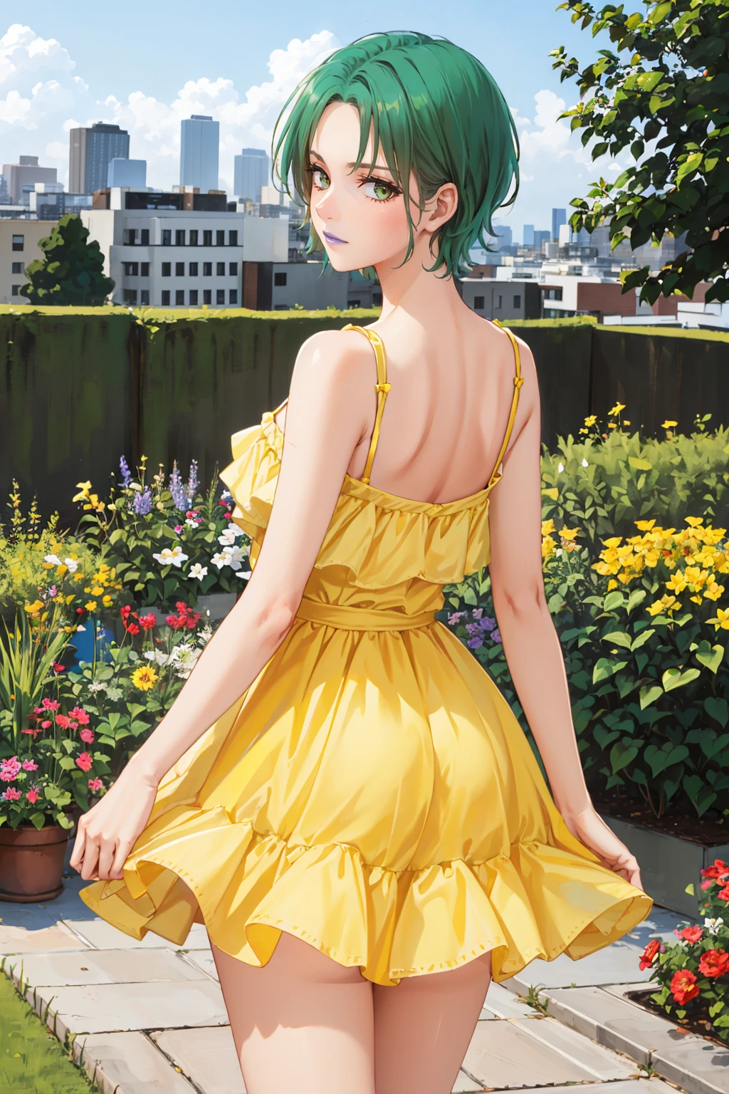masterpiece, best quality, <lora:fourmurasame-nvwls-v1-000009:0.9> fourmurasame, green eyes, purple lipstick, (yellow sundress:1.1), from behind, garden <lora:edgChamYellowSundress:1> edgYSD,woman wearing a yellow sundress, skyline, aqua hair