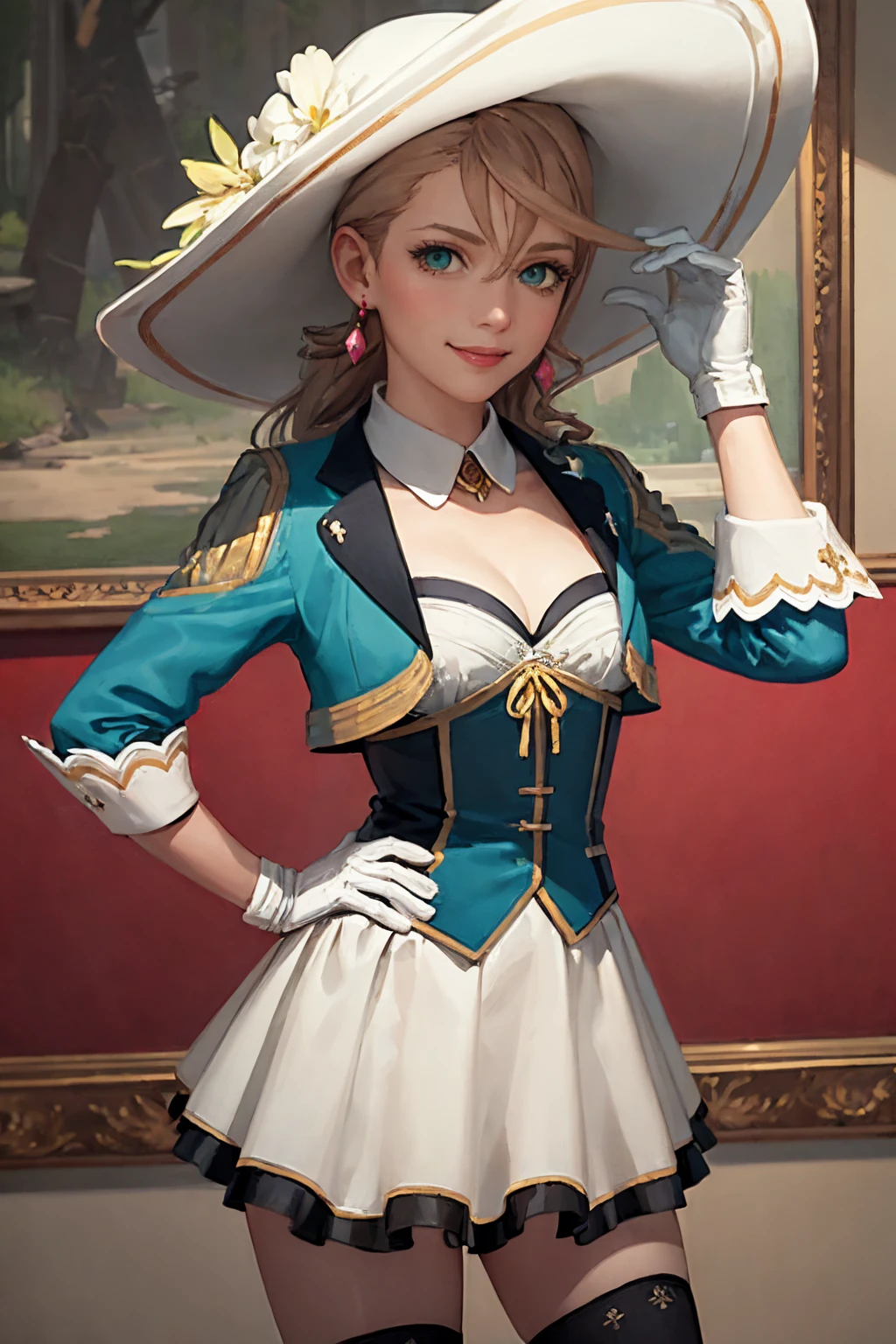 (masterpiece, best quality:1.2), solo, 1girl, alishadlc, smile, looking at viewer, hand on hip, hat, jacket, black and blue shirt, white gloves, white skirt, thighhighs, earrings, cleavage <lora:tales_diphda:1>