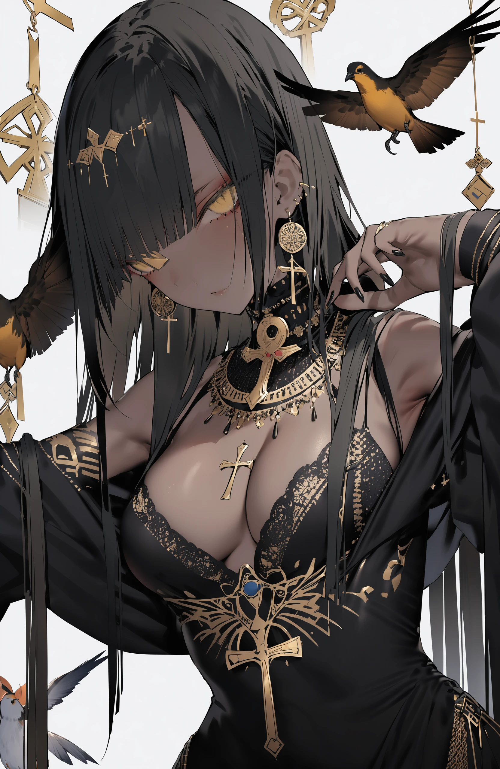 masterpiece, best quality,1girl, solo, jewelry, dark skin, black hair, earrings, horns, upper body, breasts, looking at viewer, long hair, dark-skinned female, ankh, bangs, cross, black nails, yellow eyes, necklace, fingernails, closed mouth, bird, black dress, blunt bangs, dress, cleavage, nail polish, long sleeves
////////, <lora:kotrou020kohakuY128DIM-000082:1>