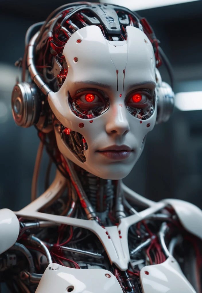 Cyborg Woman, ((Clear Glass body, Glowing Eyes))), Electronic Systems inside body clear to see, Detailed Brain in Sight, Detailed connection wire, mechanical limbs, tubes connected to the mechanical parts, mechanical vertebrae attached to the spine, mechanical cervical attachment to the neck, wires and cables connecting to the head, (((Led on a surgical Bed))), (((Cables Connecting to Monitors))), (((machine installing parts to the head))) | Biopunk | Cybernetics | Cyberpunk | | Canon M50| 100mm| Sharp Focus | Hyperrealism | Very detailed| Intricate Details | Full Body View, small glowing LED lamps, Bright Red Neon Highlights, global lighting, deep shadows, Octane Rendering, 8K, Ultra Sharp, Metal, Intricate Ornament Details, baroque details, Very intricate details, realistic light, CGSoation trend, facing the camera, neon details, (android manufactory in background)