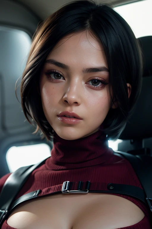 A stunning full color intricate portrait in Ultra-HD, a 30 year old girl, detailed face, short black hair, black eyes, makeup, a red sweater, turtleneck, harness, black gloves, belt, holster, epic character composition . . alessio albi, nina masic, sharp focus, natural lighting, subsurface dispersion, f2, 35mm