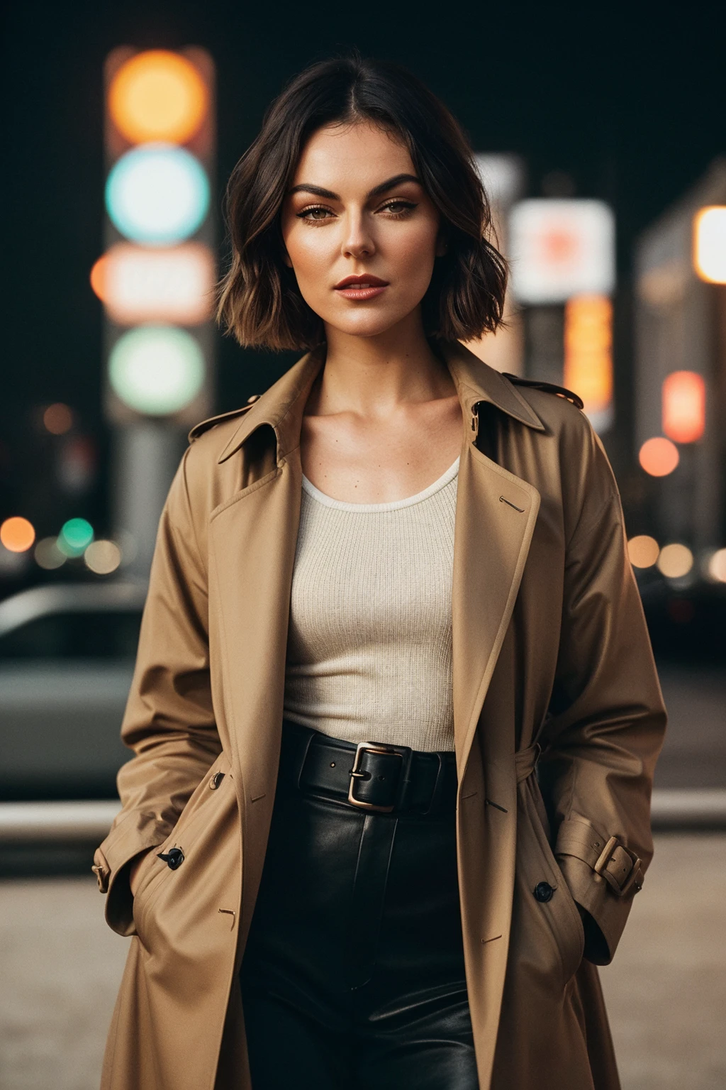 photo of (EPS3r1d4Sw4n:0.99), closeup portrait, perfect hair, (modern photo, Belted trench coat in a classic camel color), 24mm, (analog, cinematic, film grain:1.3), (([holomarket plaza,  pumice stone, halogen floodlights,bollard lights, wall washers (exterior)| rooftop, tokyo \(city\), building, skyscraper], gradient:1.1)), ((detailed eyes)), ((eyeliner, long lashes)), (epicPhoto), long eyelashes, (perfect waist), (painted lips)