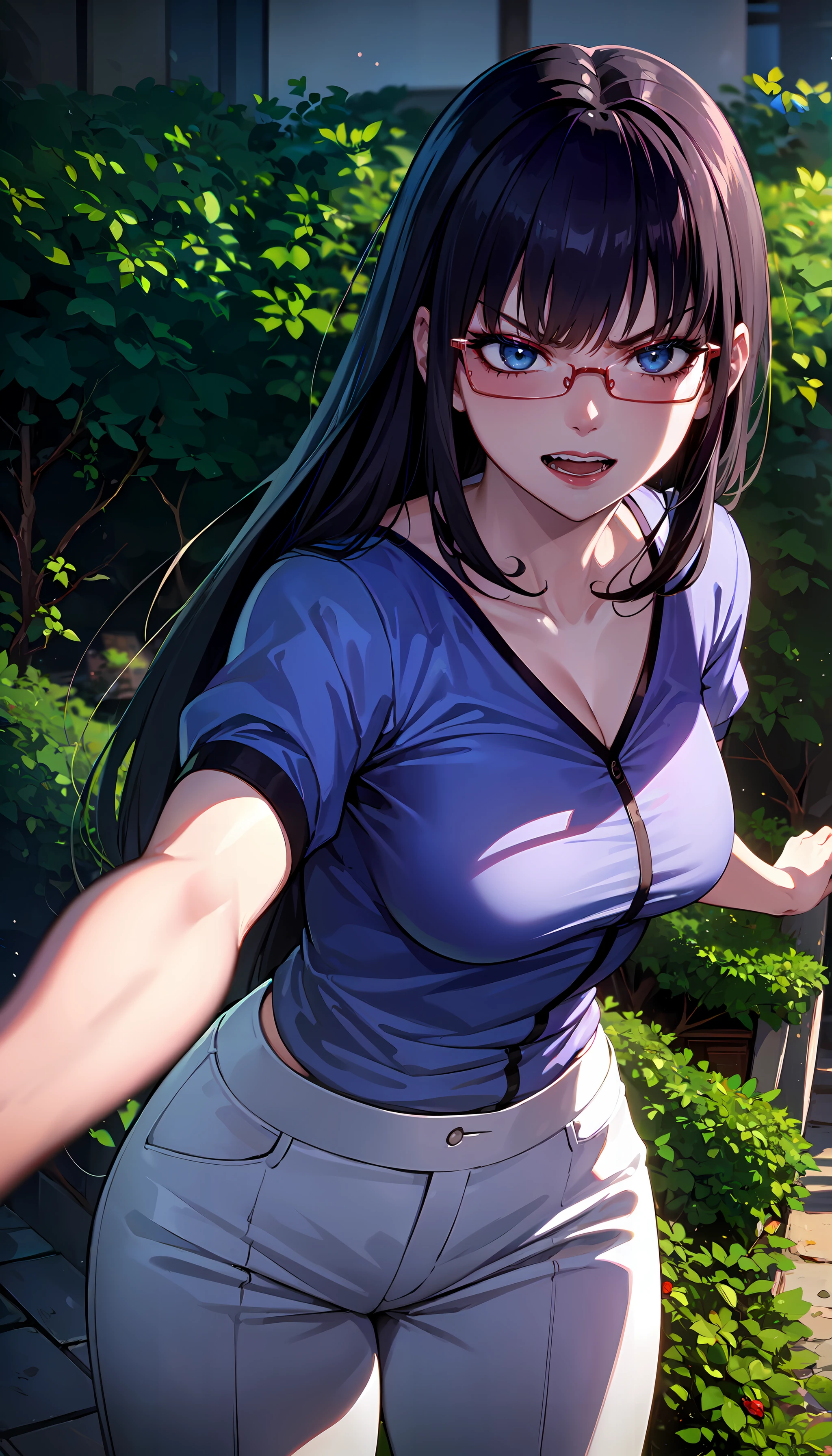 photorealistic, (4k), depth of field, (Masterpiece), (realistic skin texture), extremely detailed, intricate, hyper detailed, professional photography, bokeh, high resolution, sharp detail, best quality, woman, glasses, long hair, black hair,  dark blue eyes, blue shirt, white pants, red lipstick, tired eyes, <lora:GoodHands-vanilla:0.8> , <lora:detail_slider_v4:0.8> , crawling, dynamic pose, <lora:Touko Kanbayashi-000004:0.7> , evil smile, angry eyes, overgrown city, (modern city), trees, vines, vegetation, skyscraper,
