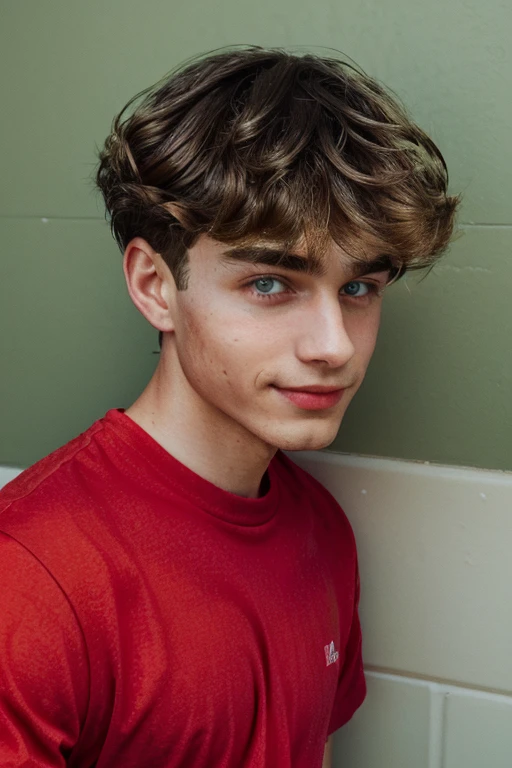 <lora:Wet_Mop_hairstyle:1> ((1boy wearing red t-shirt, dark blonde wet mop hairstyle)) green eyes, smirk