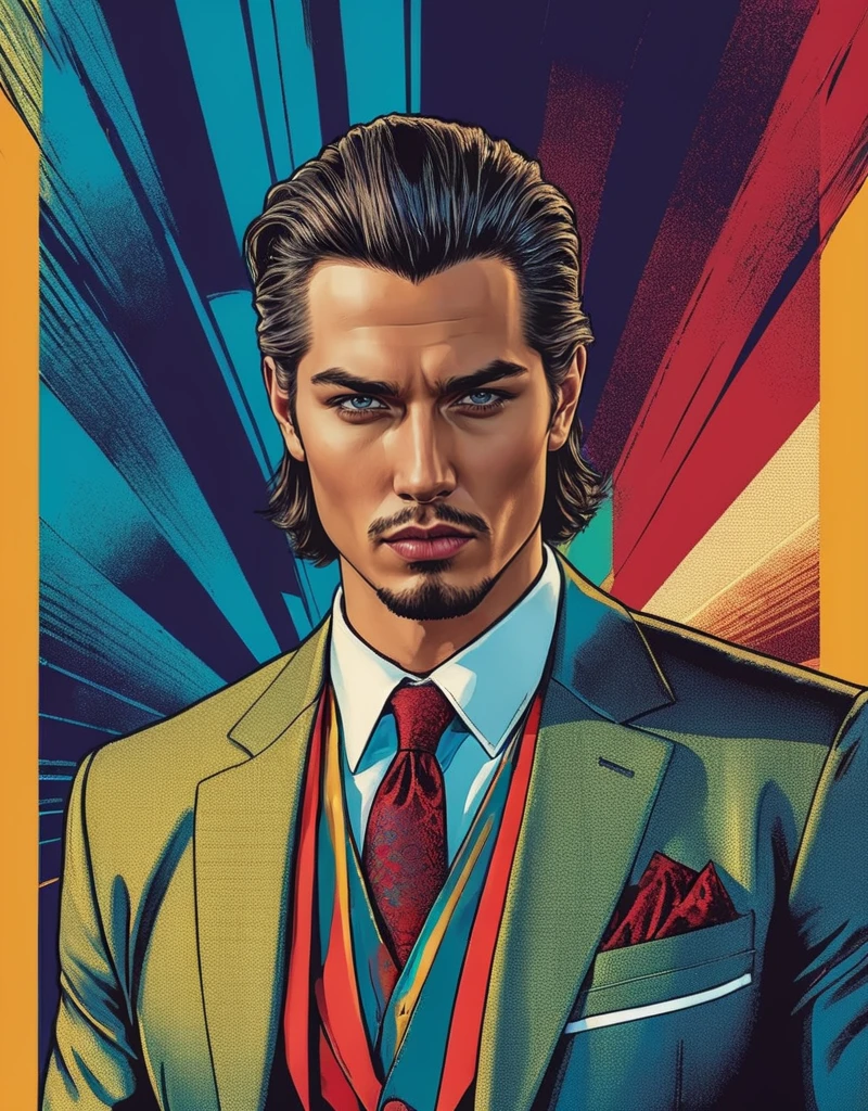 michael trevino man, mafia outfit, <lora:MatteoBelluci_michael_trevino:0.6>, Retro style artwork, comic book art, high details, comic book cover, symmetrical, vibrant colors