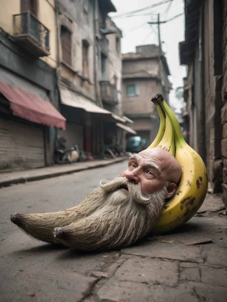 depiction of a old bearded banana laying on the ground unnoticed, street, <lora:- SDXL - brdanmu_ beard_mustache_hair_V2.0:.5>