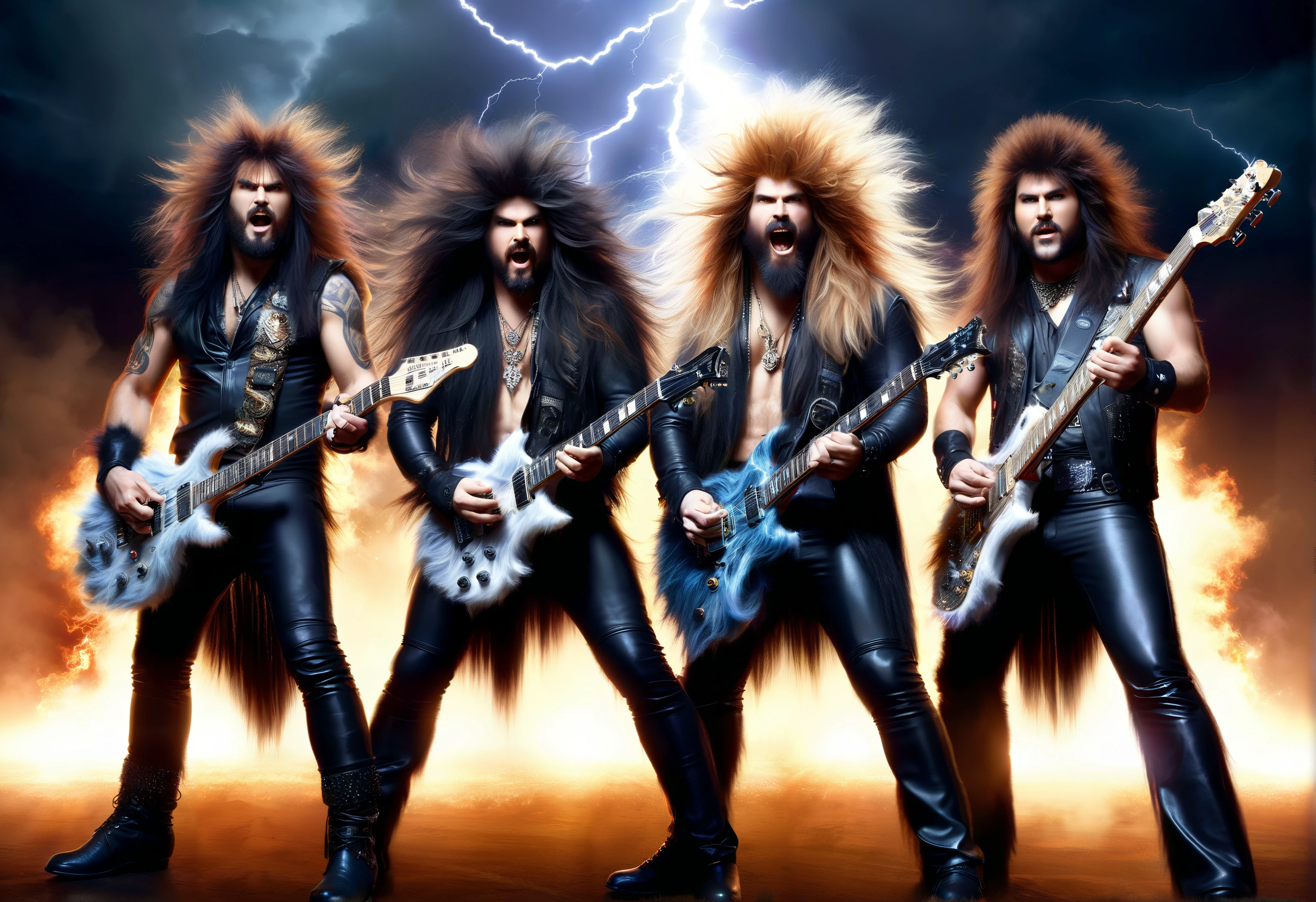 hyper detailed masterpiece, dynamic realistic digital art, awesome quality, DonMH41rXL a hair metal band with hairy dudes rocking the stage with DonMH41rXL hairy guitars, mist, lightning, thunder, fire!, everything made of DonMH41rXL HAIR! 