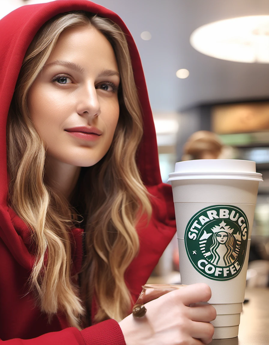 <lora:Melissa Benoist-000004:1>, highfashion photo of mlssbnstkara woman, wearing a red hoodie, upper body, at a starbucks, bounced lighting, dutch angle, Aaton LTR
