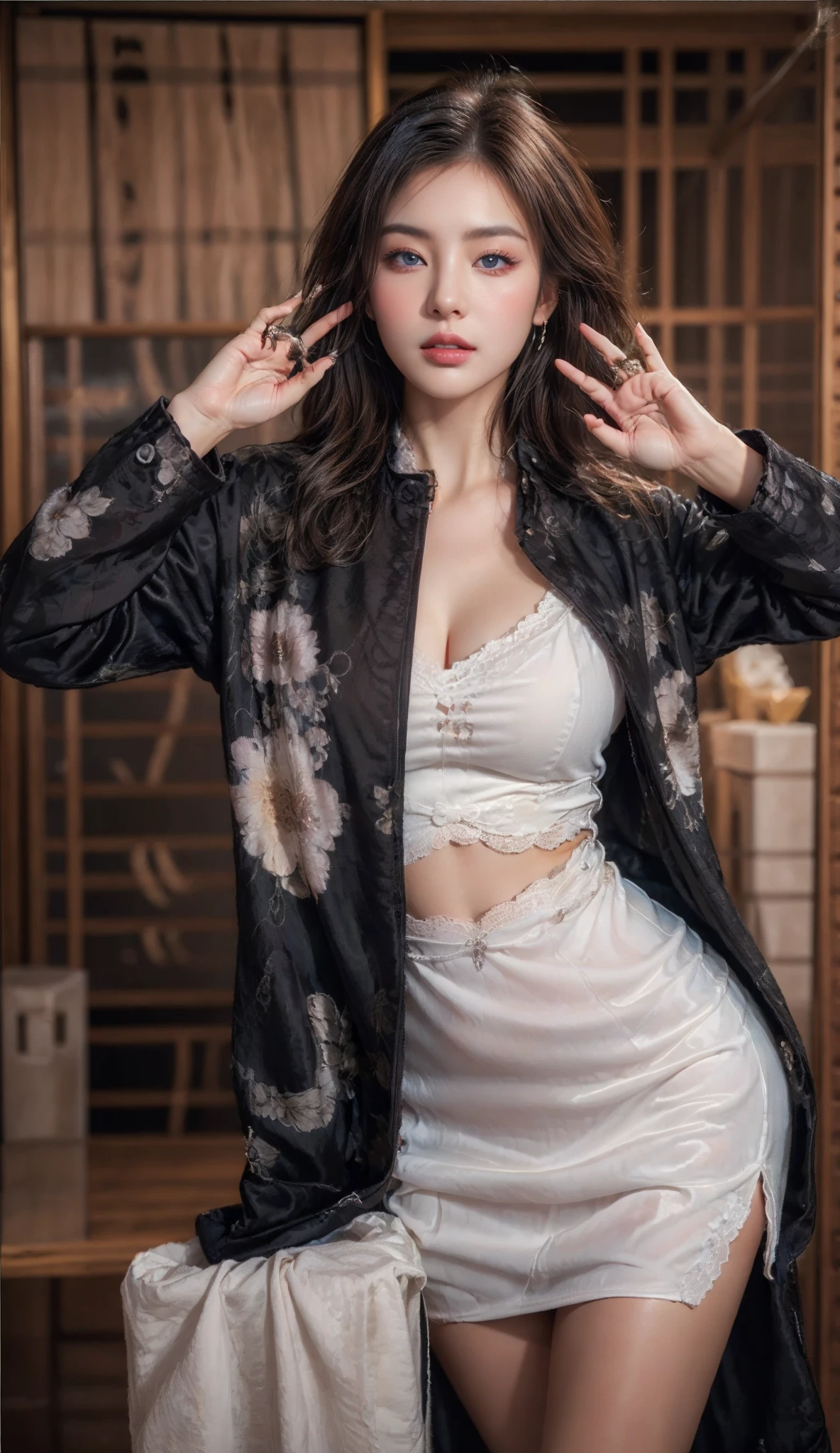 ((best qualtiy,tmasterpiece,超高分辨率)),(realisticlying:1.4),(Korean star poster-like),1girll,From head to knees,Dynamic posture,adult face,Slim,(ssmile),(shiny skins),(contours,frontage,Twilight),whaite hair,long whitr hair,黑The eye,(big cleavage breasts),Top fashion,((White plush coat)),Lace,(short skirt),(Heavy snow:1.5,Chinese-style pavilion),(Clear eyes),(Clear nose),(Clear lips),(Fair skin),(Ultra-realistic textile textures),(Ultra-realistic shadows)
