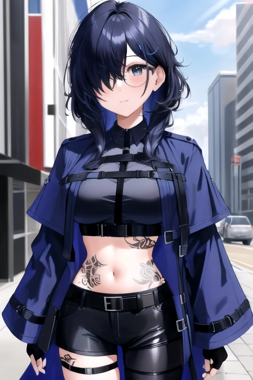 yuu, 1girl, black gloves, black hair, black legwear, breasts, cowboy shot, (black crop top), fingerless gloves, ((rounded glasses)), gloves, hair over one eye, blue jacket, leg belt, long sleeves, looking at viewer, midriff, mole, navel, open clothes, outdoors, shirt, (((solo))), standing, tattoo, thigh strap, thighhighs, <lora:YUU-PC-RC2:1>