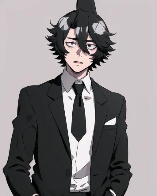 absurdres, perfect shadows and lighting, detailed background, masterpiece, high quality, detailed, extremely detailed, ambient soft lighting, 4K, (frustrated)1.0, boy in black unbuttoned suit, unbuttoned jacket, necktie, detaled eyes, Dorsal fin, detailed eyes