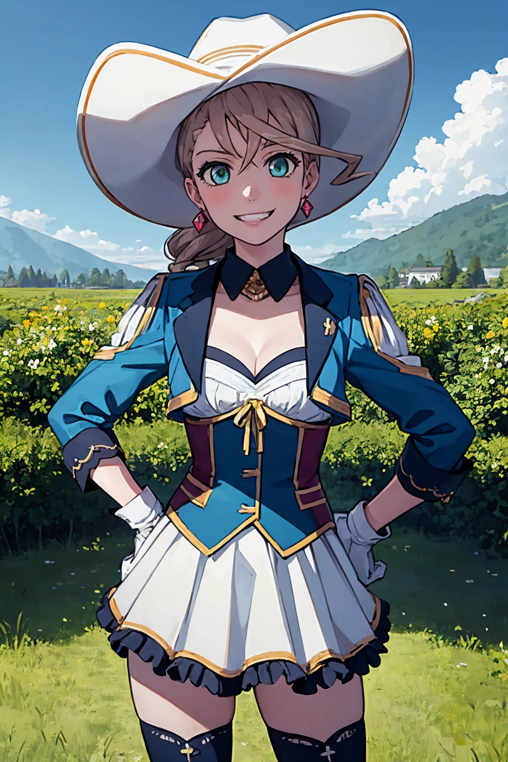 (masterpiece, best quality:1.2), solo, 1girl, alishadlc, grin, looking at viewer, hands on hips, hat, jacket, black and blue shirt, white gloves, skirt, thighhighs, earrings, cleavage, outdoors, scenery <lora:tales_diphda:1>