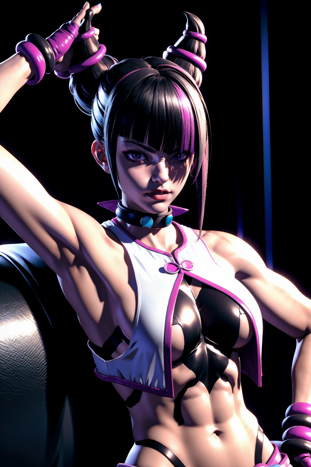 anime girl with pink hair and black and white outfit holding a pink and black object, juri han from street fighter, juri misaki, kda, fighting game character, akali, badass pose, senna from league of legends, fighting pose, official character art, fight pose, hq artwork, katana zero video game character, mika kurai demon