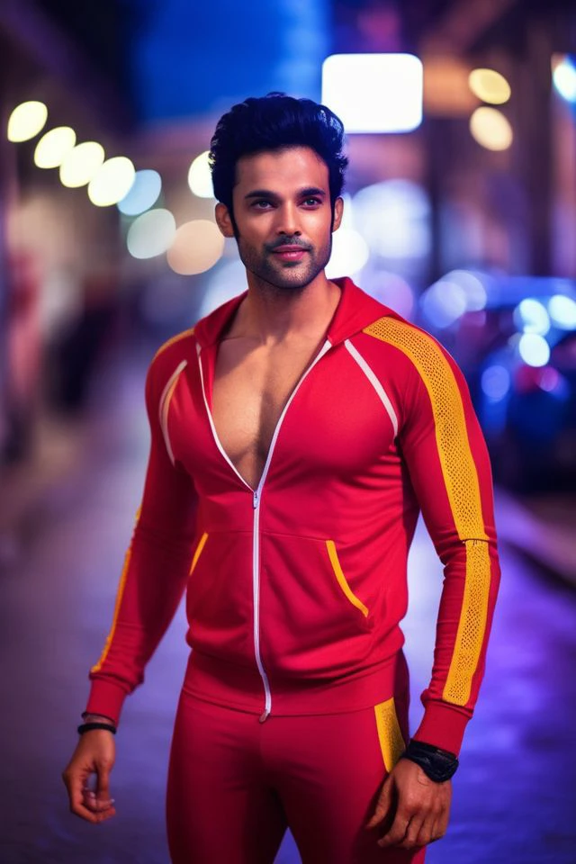 mahesh jadu a man <lora:parth-samthaan_Mahesh-Jadu:1>, realistic photo in a worn ((red tracksuit)), big pecs, big arms, ((light bokeh)), intricate, (steel metal [rust]), sharp focus, photo by greg rutkowski, soft lighting, vibrant colors, (masterpiece), ((streets)), (detailed face), looking at viewer, light smile, night, walking towards viewer, cinematic lighting, beautiful lighting, cinematic lighting, (hazy filter, film grain:1.2),showing underwear, <lora:white_jockstrap:1>