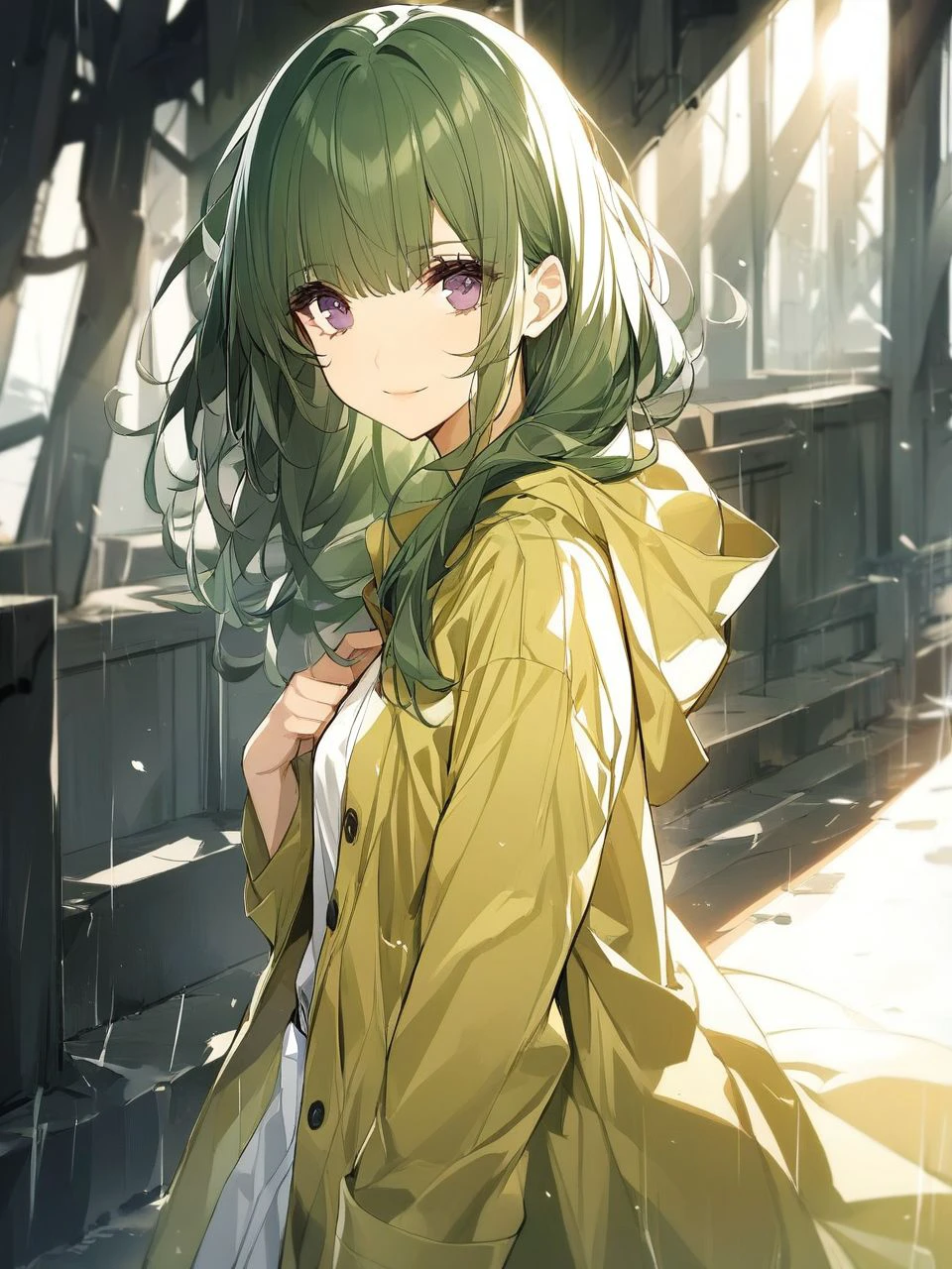 1girl, looking at viewer, light smile, dark green hair, dark purple eyes, dark green yellow raincoat, sunshine, <lora:kincora_XL_style_v01.10.02:1>