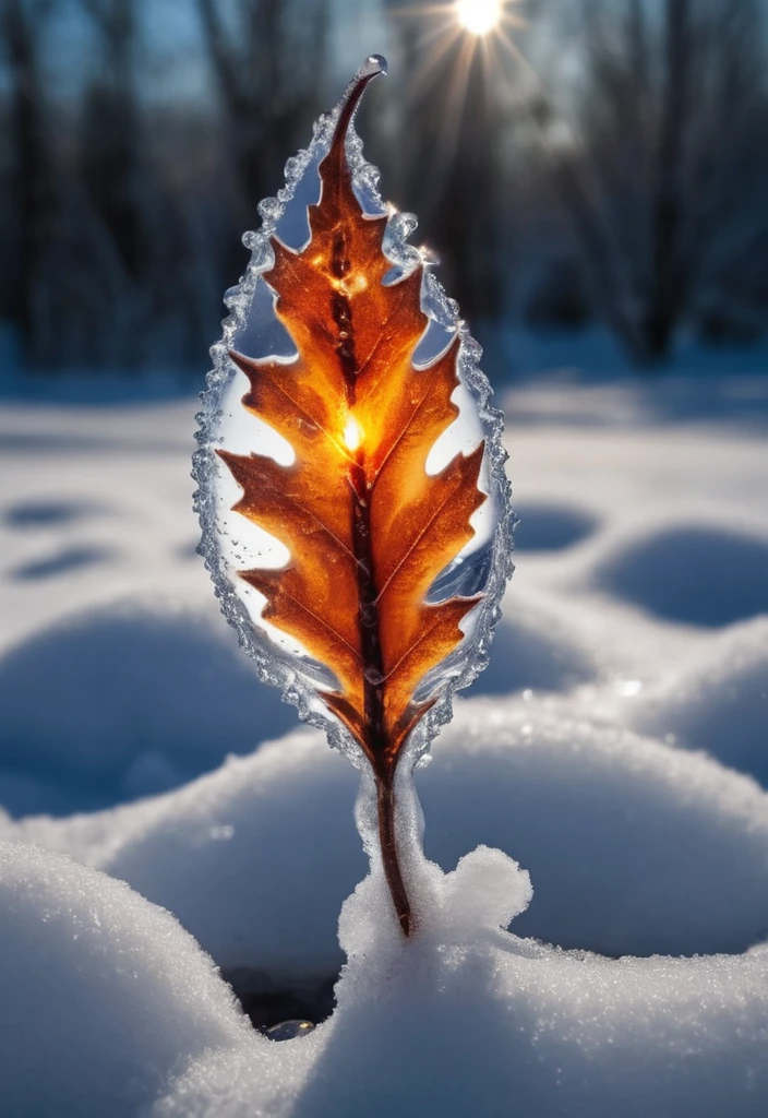 photo of frozen flame, liquide drops, snow crystals, hot, leaf, surrounded by a magic glow