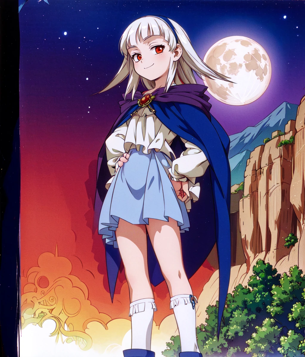 masterpiece, high res, detailed face, detailed eyes, 1 girl, solo, medium hair, white hair, red hair, evil smile, bangs, white shirt, blue cape, bare legs, standing, looking at viewer, full body, cowboy shots, outdoors, (mountains, full moon), vampire <lora:Sierra:1>