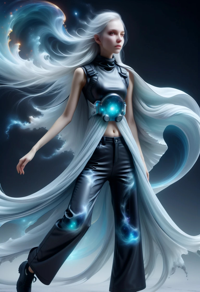 hyper detailed masterpiece, dynamic realistic digital art, awesome quality, DonMB4nsh33XL otherworldly nebulous pale girl, graphene wide-leg pants, plasma-infused sleeveless blouse, microchip respirator , dissolving <lora:DonMB4nsh33XL-v1.1-000004:0.8>