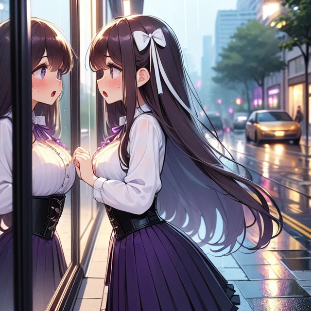 (((masterpiece))), (((best quality))), ((showcase glass)), ((hands on mirror)), from side, (((white longhair))), ribbon, big tits, corset, ((purple pleated shirt)), black button skirt, sweat, ribbon, brown longhair, suprise, open mouth, shy, blush, sidewalk, raining, <lora:girllikeshowcaseglass:1>