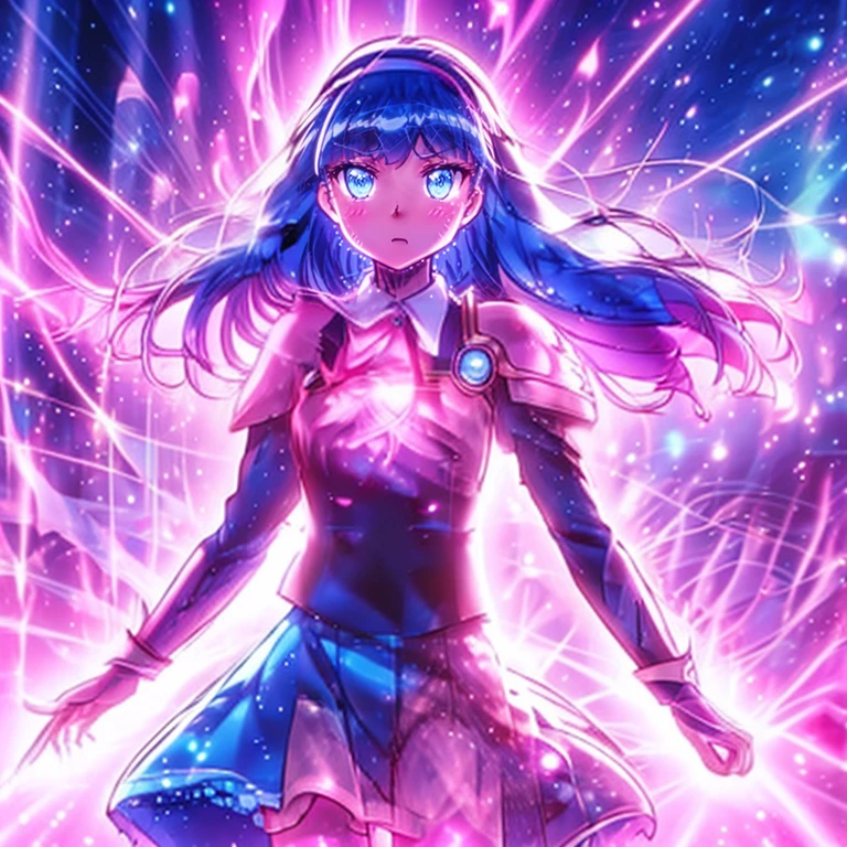((top quality, 8k wallpaper)),(masterpiece, best quality),extremely detailed,high definition,(official art:1.3),(((anime screencap,black outline))),<lora:more_details:0.3>,<lora:LCM_LoRA_Weights_SD15:1>,1girl, solo, BREAK <lora:umi_ryuuzaki_shoulder_armor:1>, umi ryuuzaki,hairband,armor shoulder,armor,blue skirt, BREAK <lora:pinkSilhouette:0.8>,(((silhouette,glowing,pink theme,light,outline,sparkle,gradient,gradient background,shiny,magic,pink theme))),
