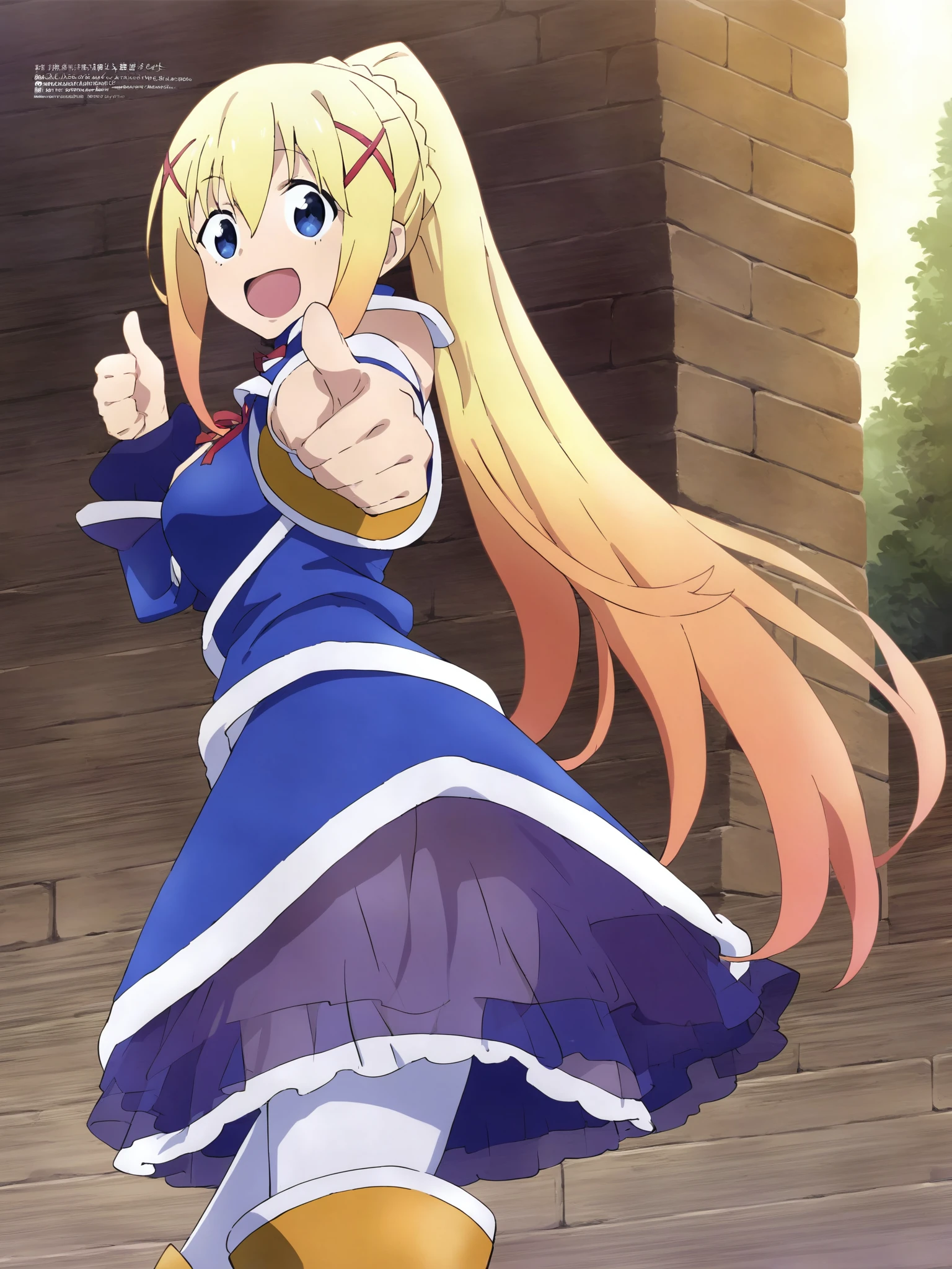 score_9, source_anime, 1girl, darkness \(konosuba\), official art, standing, happy, upper body, thumbs up, body armor, facing viewer, <lora:MeMaXL-000002:0.87>