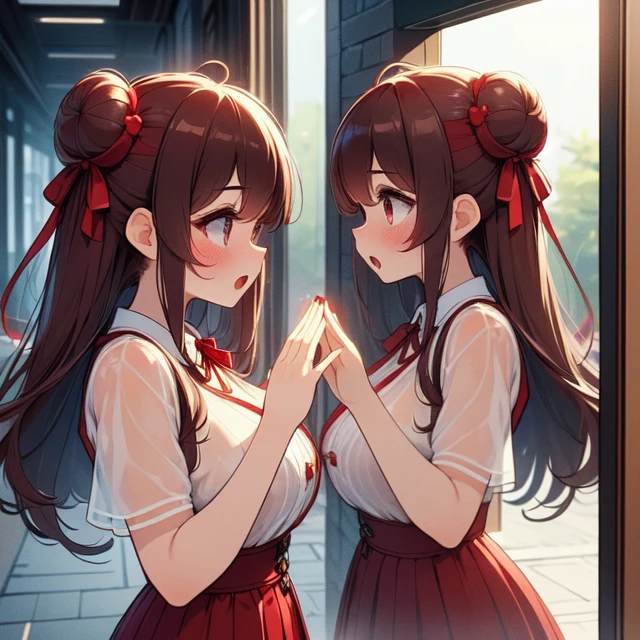 (((masterpiece))), (((best quality))), ((showcase glass)), ((hands on mirror)), from side, (((twin bun hair))), red ribbon, big tits, (((red qiapo))), sweat, ribbon, brown longhair, suprise, open mouth, shy, blush, sidewalk, fog, <lora:girllikeshowcaseglass:1>