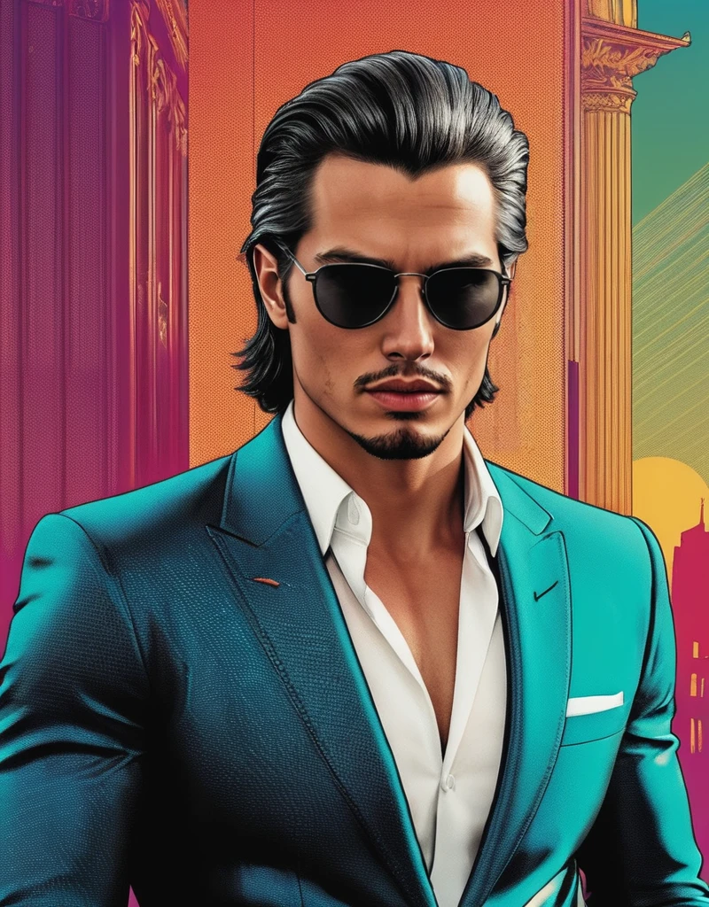 michael trevino man, mafia outfit, <lora:MatteoBelluci_michael_trevino:0.6>, Retro style artwork, comic book art, high details, comic book cover, symmetrical, vibrant colors