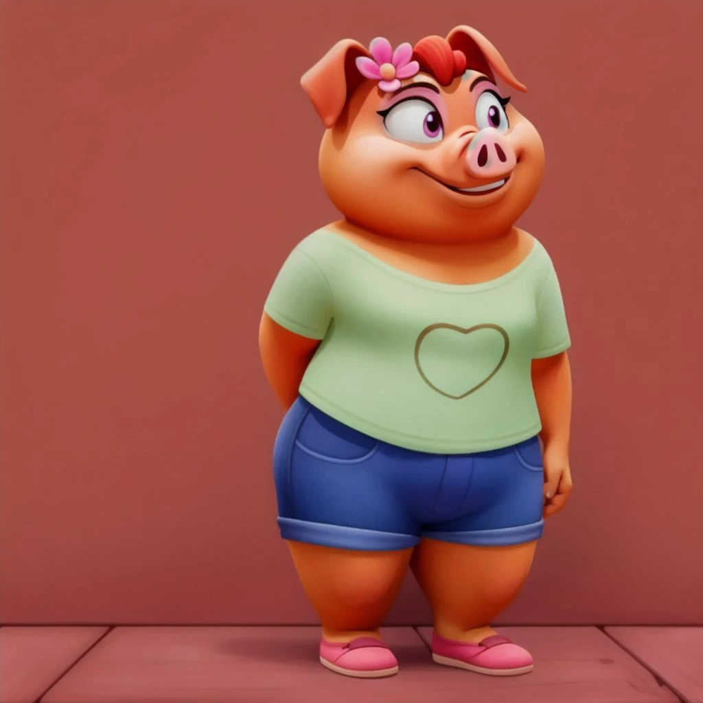 <lora:Newnupogodi_Pig:0.7>
newnupogodi_pig, female, solo, pink eyes, pig, hands on back, full body, green shirt, jeans shorts, pink shoes