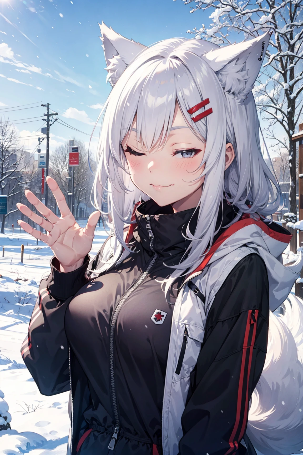 1girl, animal ears, grey eyes, hairclip, long hair, jacket, white hair, wolf ears, outdoors, snow, tail, large breasts, upper body, smug, :3, one-eye closed, waving, masterpiece, best quality,