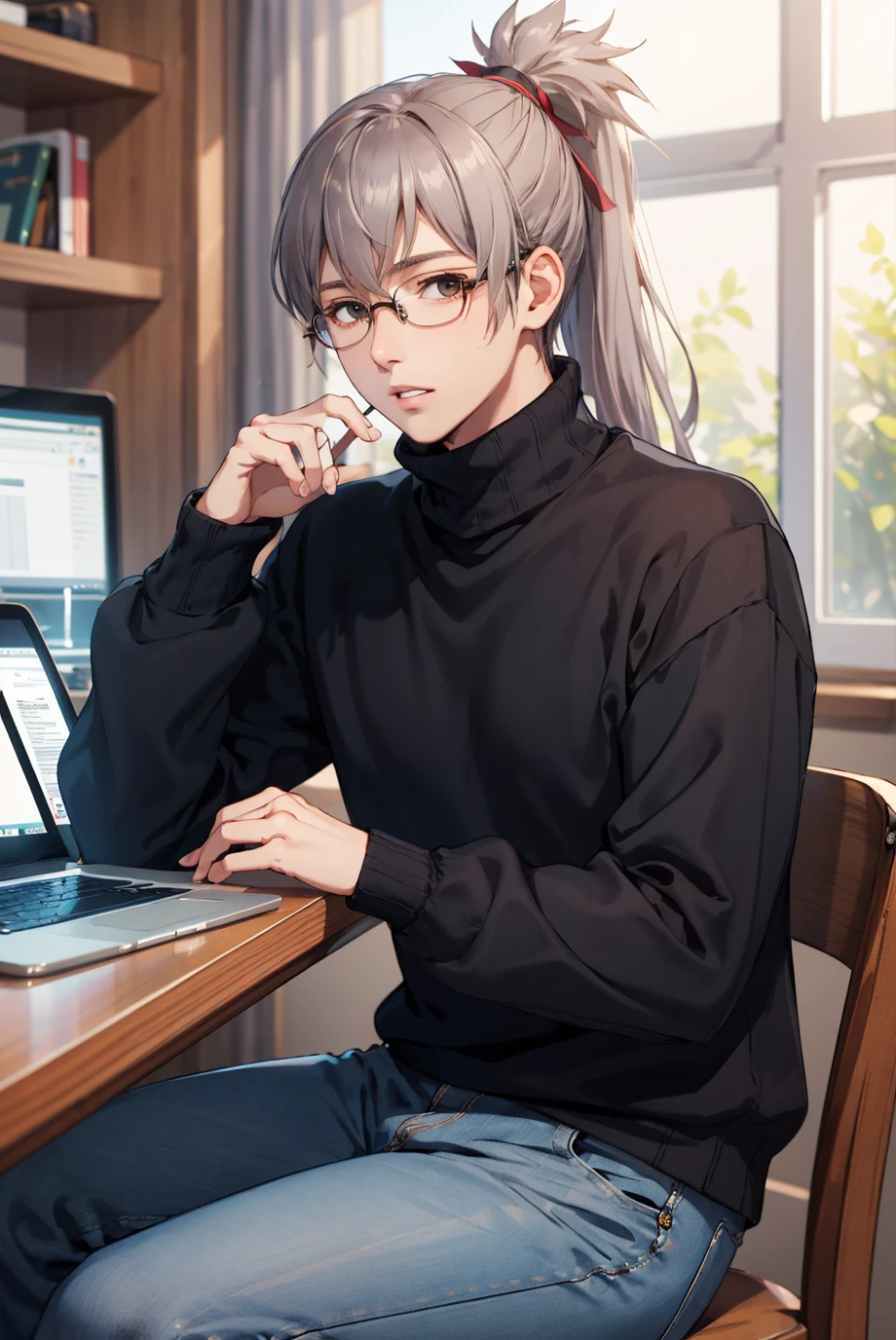 highest quality, masterpiece, detailed background, desk, laptop, 1boy, male focus, sitting, parted lips, (black sweater, turtleneck, long sleeves:1.1), jeans, glasses, <lora:TakumiFEF-bsinky-v1:0.6> defTakumi, ponytail