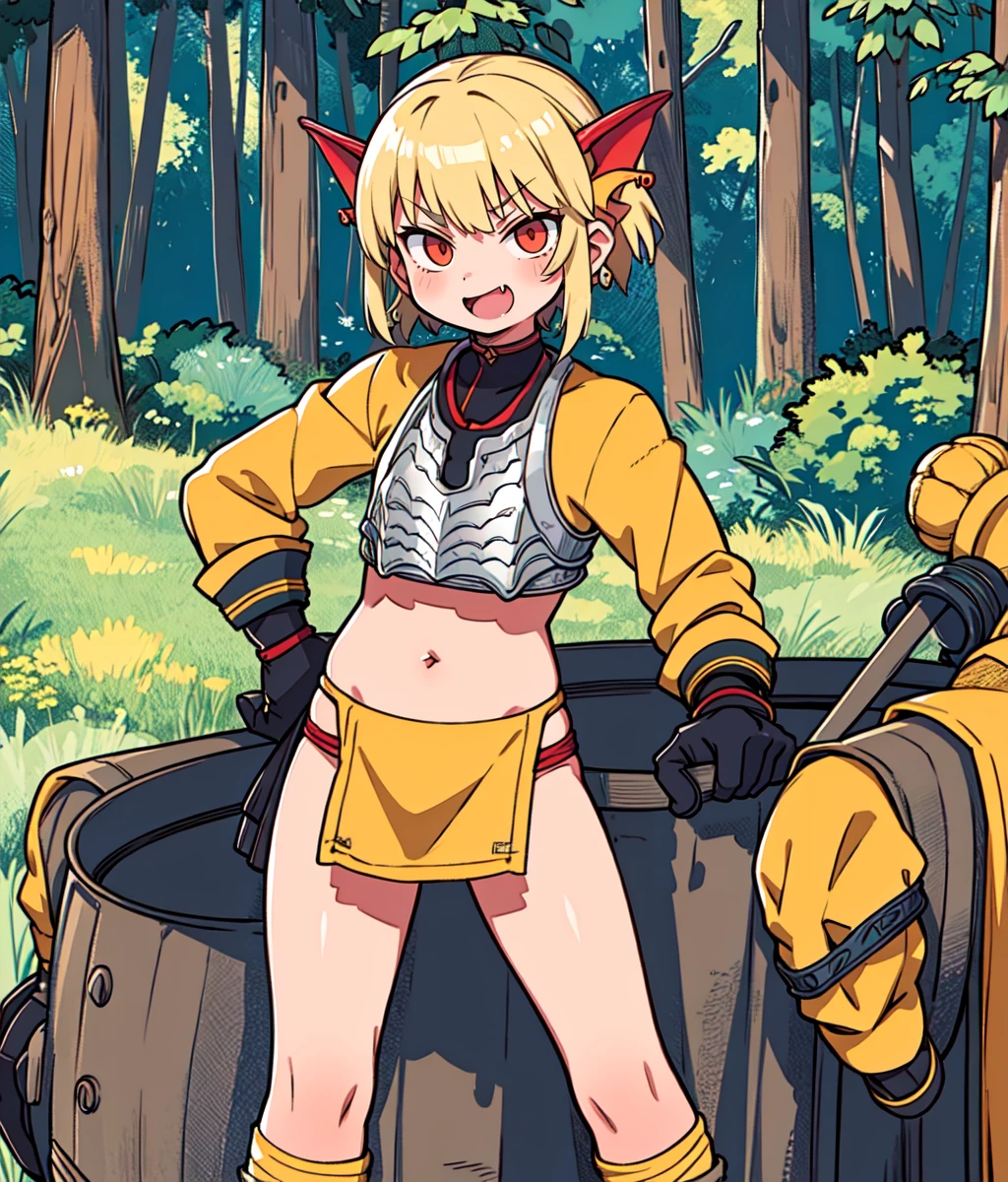 masterpiece, high res, detailed face, detailed eyes, 1 girl, solo, medium hair, blonde hair, long sidebangs, athletic, slender, confident look, wild hair, red eyes, hair dragon ornament with earrings, yellow shirt, smug. cocky, tomboy, silver chest armor, gloves, yellow loincloth, high tighs, open mouth, fang, full body, cowboy shot, outdoors, desert <lora:Sharon:1>