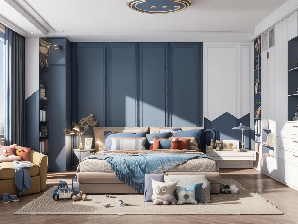 Children's room, son's room,lamp,chair,pillow,table,indoors,book,couch,bed,carpet,ceiling light,building,sky,cushion,rug,curtains,masterpiece,best quality,unreal engine 5 rendering,movie light,movie lens,movie special effects,detailed details,HDR,UHD,8K,CG wallpaper