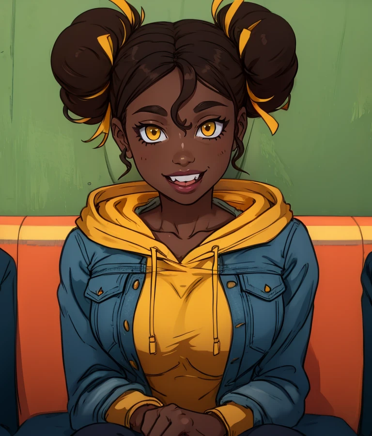 charlotte,yellow eyes,double bun,hair hair ribbon,dark skin,
blue jacket,yellow sweater,hood down,
sitting,upper body,smile,
subway,
(insanely detailed, masterpiece, best quality),(solo),<lora:Charlotte-11J:0.8>,