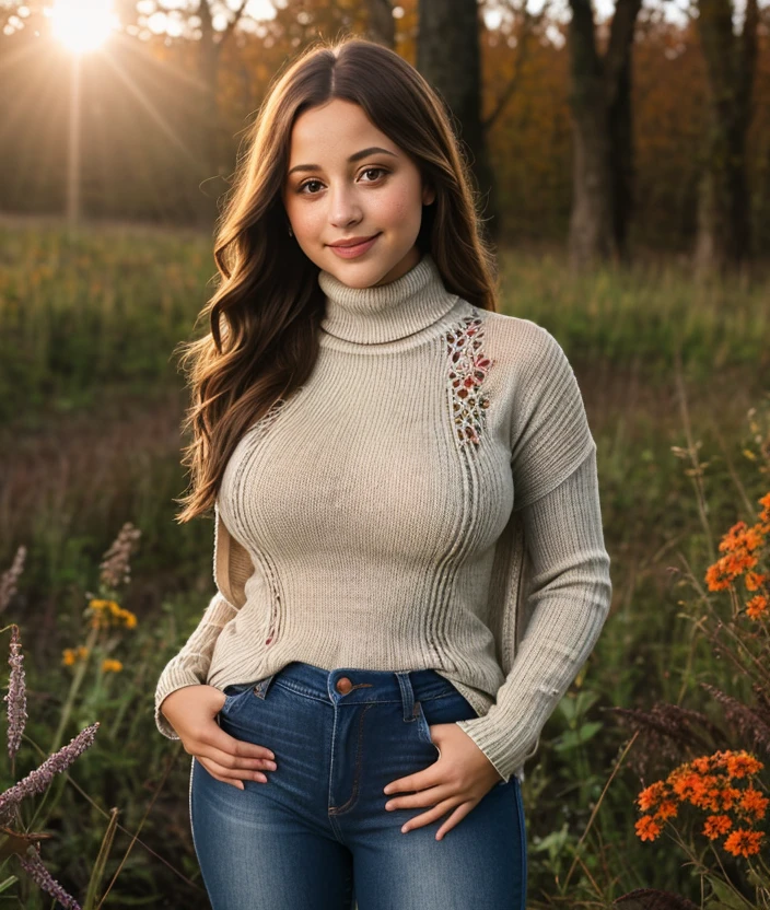 <p2nd04q>p2nd04q, nature, outdoor, Colorful flowers, undergrowth, warm light, sunset, upper body, breast, smile, Cloak, intricate, detailed eyes, jeans, (Knit turtleneck)