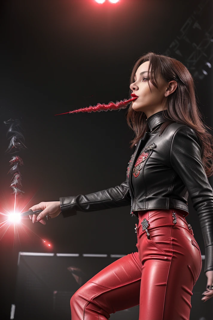 tv_Adel_Morel_PB_V1 , (CINEMATIC SHOT:1.4), (blow out hair:1.4) (Red eyeshadow, Black eyeliner, red lipstick:1.2) (lens flare:1.2) ((Photo Focus, DOF, Aperture, insanely detailed and intricate, character, hypermaximalist, elegant, ornate, beautiful, exotic, revealing, appealing, attractive, (amative:1.1), hyper realistic,( super detailed:1.1), heresy flares))(volumetric Red smoke:1.5) (RED CONCERT HALL:1.5)(Rock stage in the background:1.5) (FROWNING at viewer:1.3) (red T-Shirt:1.5) (Black Leather pants:1.7)(red Boots:1.5) (from the side:1.5)