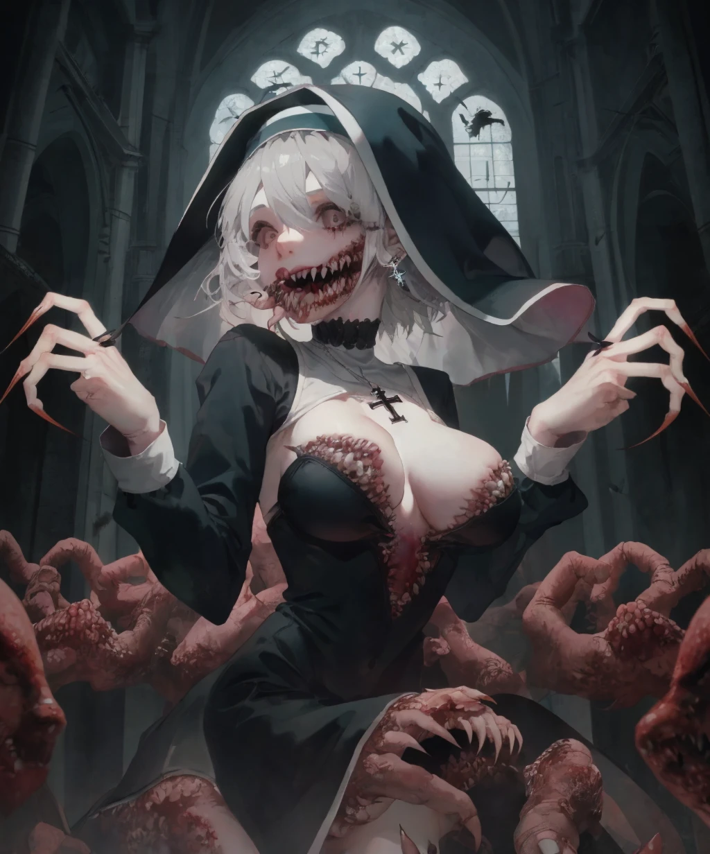 abo, horror, 1girl, solo, large breasts, long sleeves, dress, holding, jewelry, grey hair, tongue, necklace, black dress, fingernails, cross, black nails, long fingernails, sharp fingernails, nun, habit, cross necklace, extra arms, inverted cross, <lora:abo-10:2>