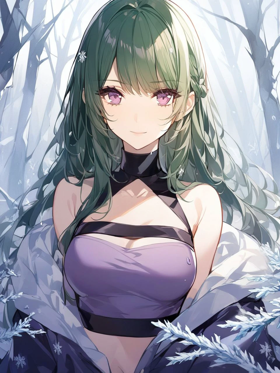 1girl, looking at viewer, light smile, dark green hair, dark purple eyes, purple tube top, frost, <lora:kincora_XL_style_v01.10.02:1>